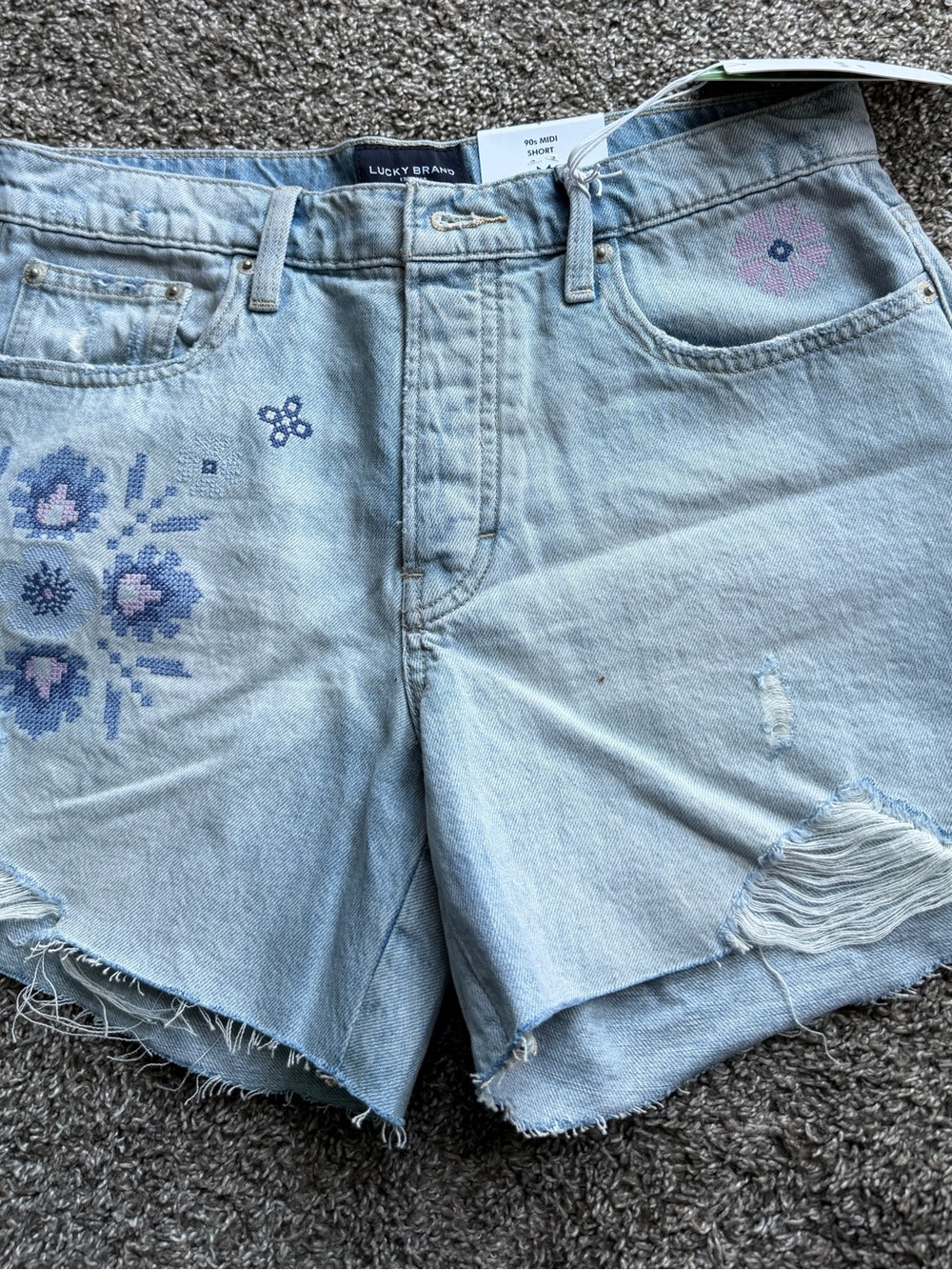 Lucky Brand Light Blue Denim Shorts with Purple Floral Embroidery